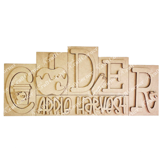 Introducing the Cider Word Block Shelf Sitter from Janet's Craft Corner, a hand-painted wooden sign featuring the text "CIDER APPLE HARVEST" with beautifully integrated decorative elements like a coffee cup, caramel apple, and cinnamon sticks. This DIY home decor kit is perfect for adding a cozy touch to any space or as an engaging craft project.