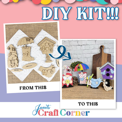 Two images highlight the transformation with Janet's Craft Corner's "Spring Mini Shelf Sitters" DIY Kit: unassembled wood on white fabric turns into vivid, painted spring decorations for gnome fans. Text reads "DIY KIT!!! From This To Spring Standing Signs.