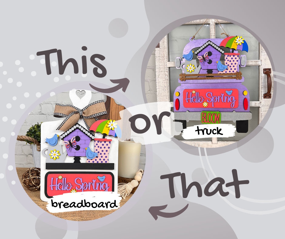 A comparison of two decorative spring signs: the left is a DIY home decor kit from Janet's Craft Corner, showcasing "Hello Spring" on a breadboard adorned with a heart and checker ribbon. The right sign features an interchangeable insert from their collection, displaying a colorful truck with "Hello Spring Bloom." Both exude a whimsical design.