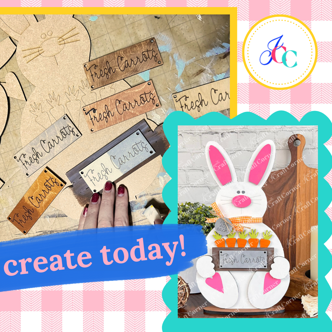 Create an Easter scene with the Carrot Patch Bunny Shelf Sitter from Janet's Craft Corner. The setup features wooden signs saying "Fresh Carrots" and decorative carrots, set on a gingham background. Complete your DIY seasonal home decor today! Logo in the corner adds a finishing touch.