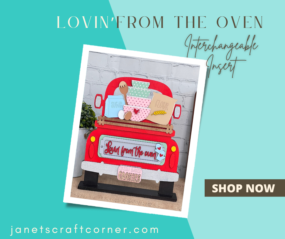 Enhance your home decor with the "Lovin from the Oven" DIY home decor kit from Janet's Craft Corner. This charming decorative sign features a red truck carrying vibrant baking items and includes interchangeable inserts for personalized creativity. To explore more, visit janetscraftcorner.com and click on "Shop Now.