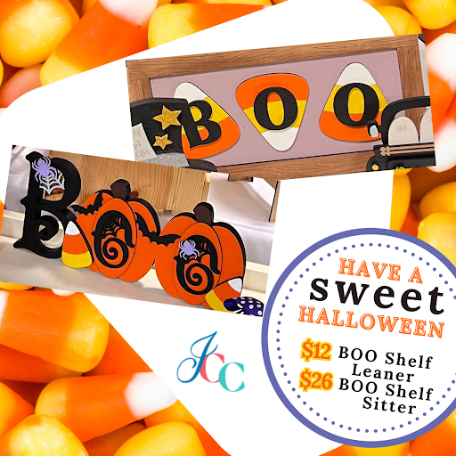 Janet's Craft Corner offers a Halloween promo featuring the Boo Candy Corn Shelf Leaner DIY craft kit and "Have a sweet Halloween" message, with candy corn accents and logo—perfect $12 shelf decor this season.
