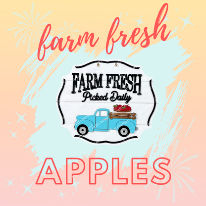 Janet's Craft Corner offers a Farm Fresh Apples Sign DIY kit featuring a pastel poster with a vintage blue truck hauling apples and fireworks around the word "Apples," complete with a "Farm Fresh Picked Daily" sign. Ideal for crafting rustic, seasonal home decor. Set includes 1 kit.