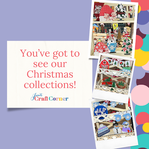 A promotional collage for Janet's Craft Corner features Christmas collections with a central text box saying, "You've got to see our Christmas collections!" Polaroid-style images display holiday-themed crafts like snowmen and Chunky Santa Hat kits perfect for your DIY seasonal home decor.