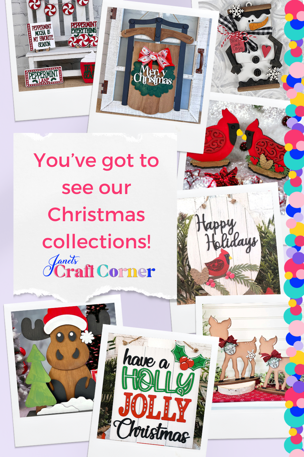 A festive collage highlights Christmas crafts like wooden reindeer, holiday signs, stockings, and ornaments. At the center is Janet's Craft Corner's "Merry Christmas Sled" DIY kit, surrounded by bright lights along the right edge of the image.