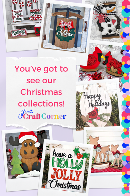 A festive collage highlights Christmas crafts like wooden reindeer, holiday signs, stockings, and ornaments. At the center is Janet's Craft Corner's "Merry Christmas Sled" DIY kit, surrounded by bright lights along the right edge of the image.