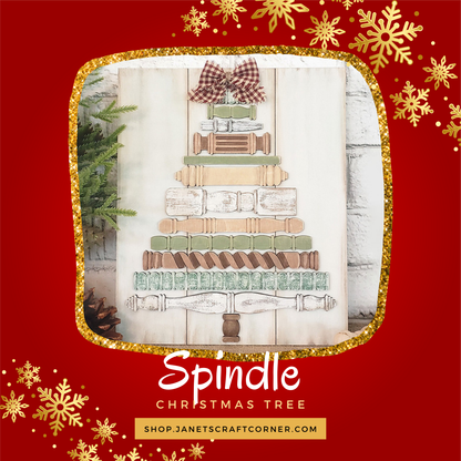 The Spindle Christmas Tree Shelf Leaner DIY craft kit from Janet’s Craft Corner features stacked vintage spindles topped with a plaid bow, displayed on a wooden board and surrounded by gold snowflakes for festive cheer. Set of 1.