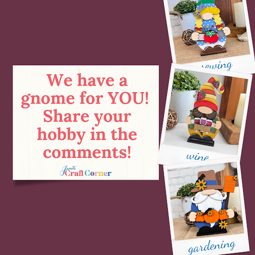 On a purple and white backdrop, Janet's Craft Corner presents handmade gnomes with a sign: "We have a gnome for YOU! Share your hobby in the comments!" Among them is the Wine Lover Gnome Shelf Sitter—ideal for sewing, wine tasting, or gardening enthusiasts' home décor.