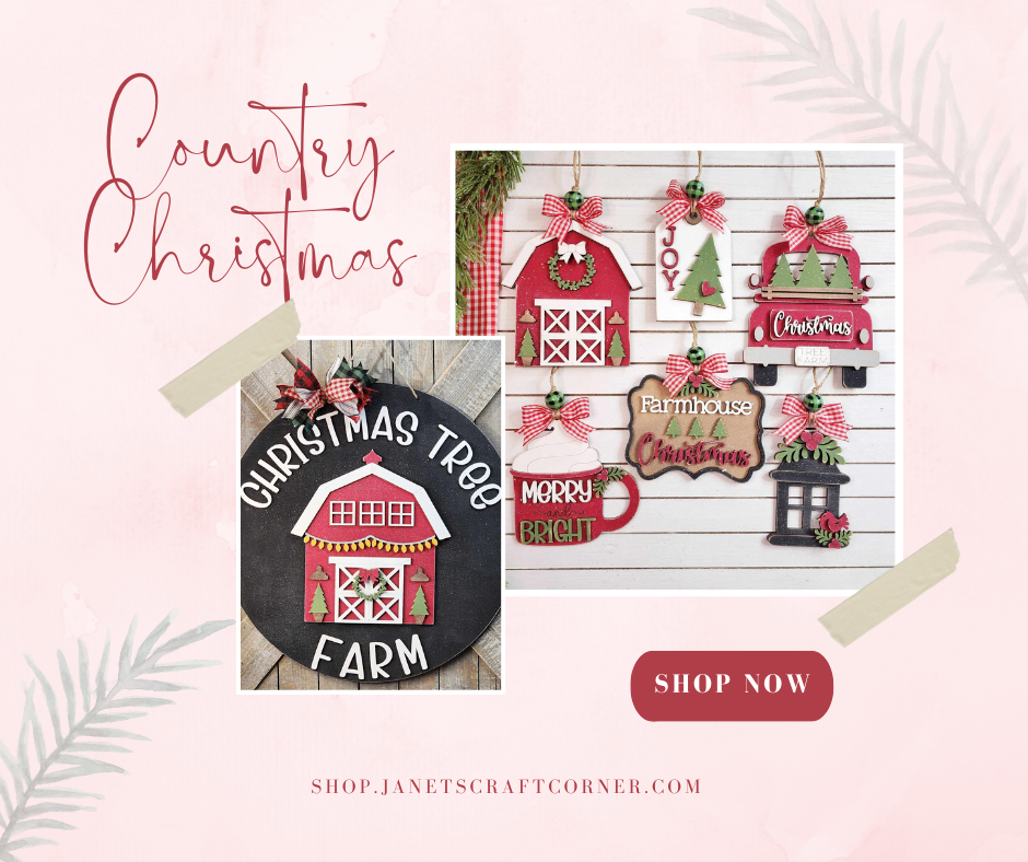 Discover the Christmas Tree Farm Door Hanger from Janet's Craft Corner featuring barn and farmhouse designs with festive text and accents. This DIY craft kit offers a personalized touch to your décor. Shop now at shop.janetscraftcorner.com.
