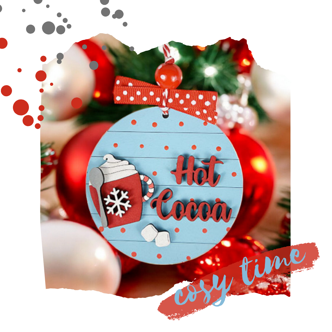 Adorn your space with Janet's Craft Corner's "Hot Cocoa Round Ornament." This DIY kit features a festive red mug with marshmallows, a red polka dot bow, and "cosy time" text, complemented by red and white baubles—a perfect choice for holiday décor enthusiasts.