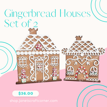 An illustrated image shows two gingerbread houses with candy decor and scalloped icing roofs. Text says, "Gingerbread Houses Shelf Sitters - Set of 2." Priced at $36.00, find them at shop.janetscraftcorner.com. Ideal as a DIY craft kit for holiday fun!.