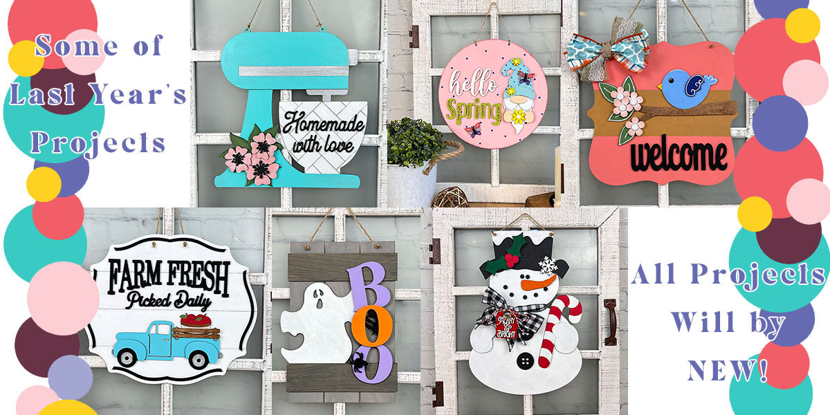 A vibrant collage of six handmade wooden door signs in seasonal themes is shown on white. Get creative with Janet's Craft Corner’s “Crafted by You!” DIY home decor craft kit monthly subscription—join our crafty community!.