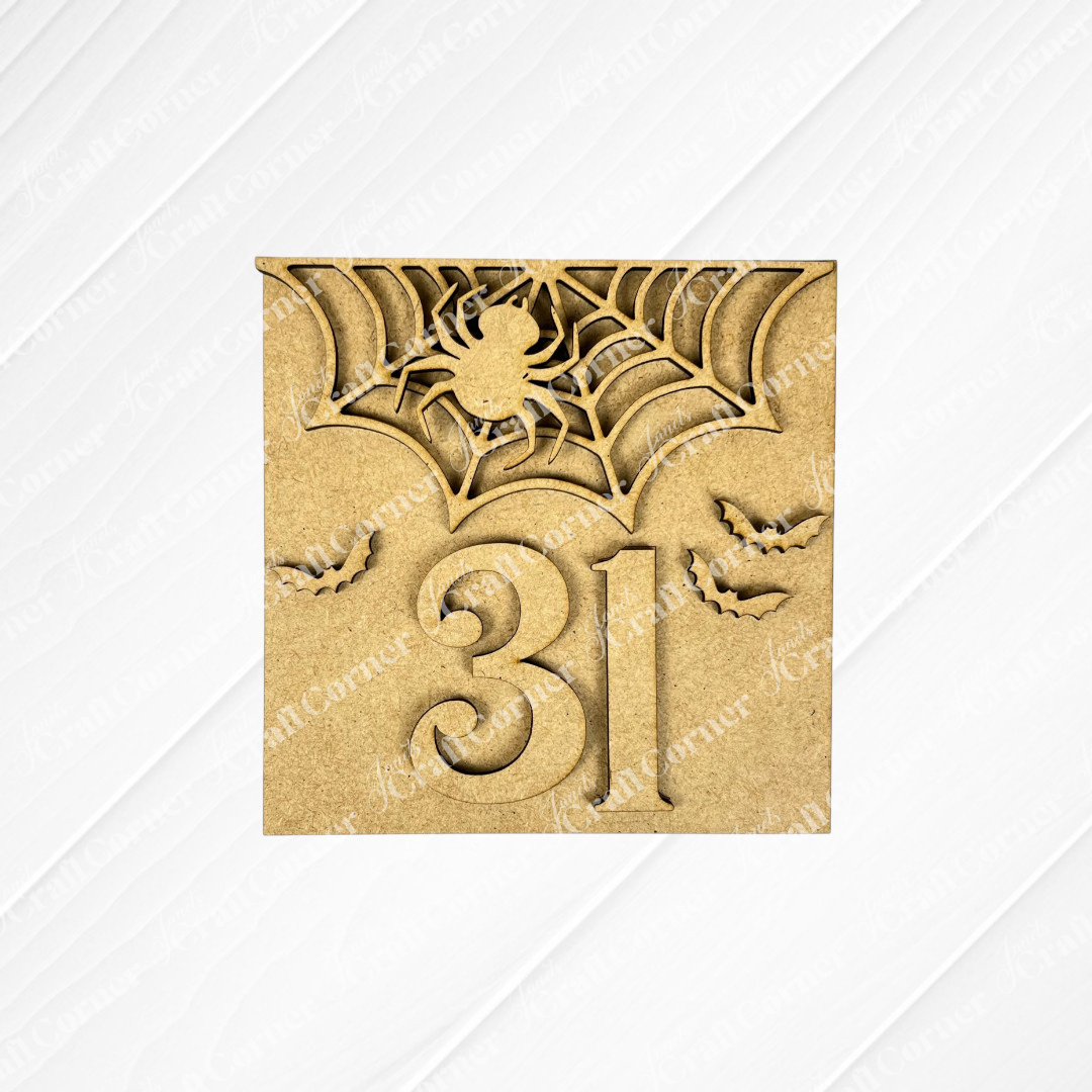 Janet's Craft Corner Halloween Mini Shelf Sitters DIY craft kit features a wooden square plaque with "31," spider, web, and bats—perfect for seasonal home decor or as part of your Halloween collection. Set of 1.