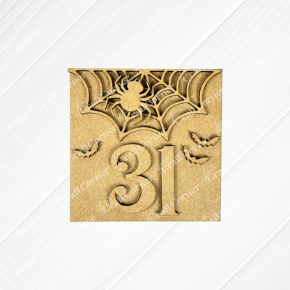 Janet's Craft Corner Halloween Mini Shelf Sitters DIY craft kit features a wooden square plaque with "31," spider, web, and bats—perfect for seasonal home decor or as part of your Halloween collection. Set of 1.