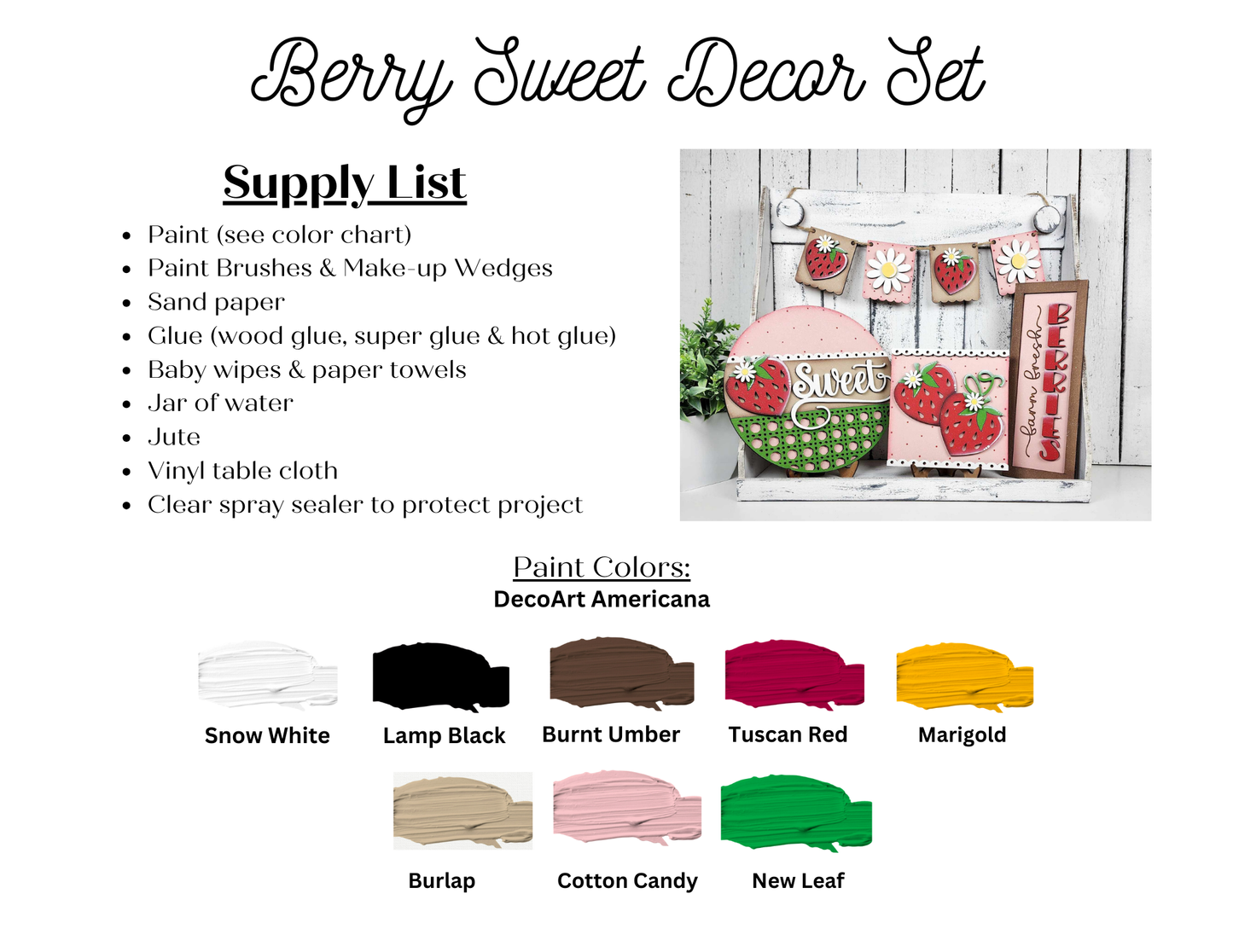 The Berry Sweet Decor Set from Janet's Craft Corner is a charming DIY home decor kit that includes instructions and a supply list with paint colors like Snow White and Marigold. Create strawberry-themed art with strawberries, flowers, and a 'Sweet' sign beside a wooden slatted item.