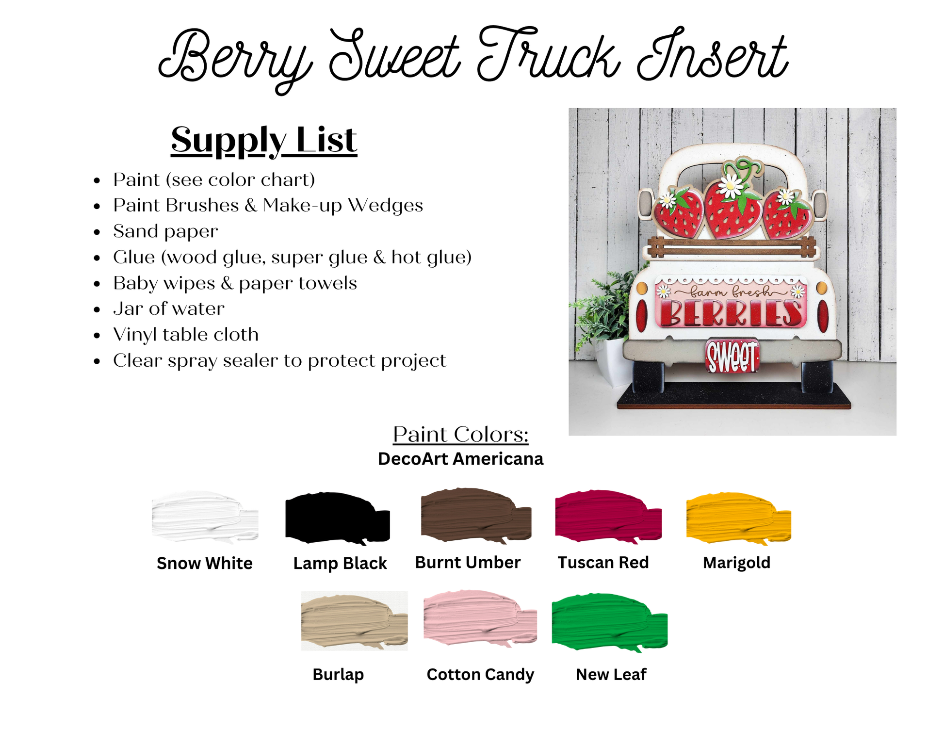 Janet's Craft Corner’s Fresh Berries Interchangeable Insert DIY kit includes 3 wood pieces—a vintage truck with strawberries, “BERRIES” text, and a “Sweet” banner—plus supply list and DecoArt Americana paint colors for summer decorating.