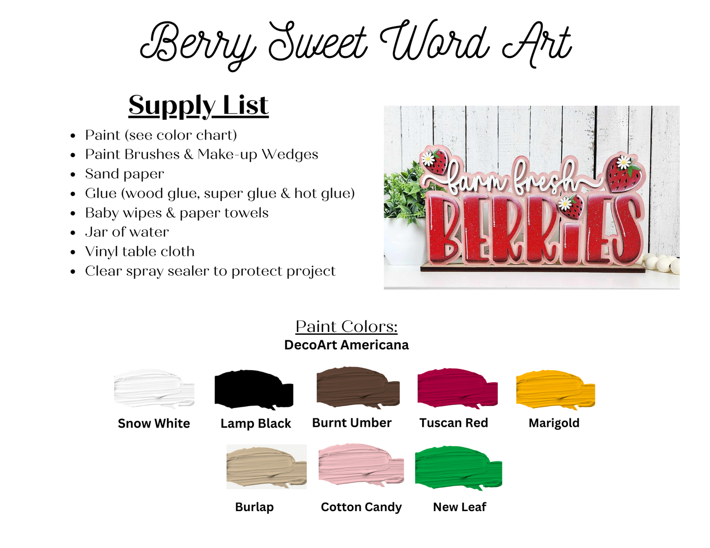 Supply list and paint color guide for Janet's Craft Corner "Fresh Berries Word Art Shelf Sitter" DIY kit—includes paint, glue, brushes, wipes, clear sealer, and DecoArt Americana swatches in various colors.