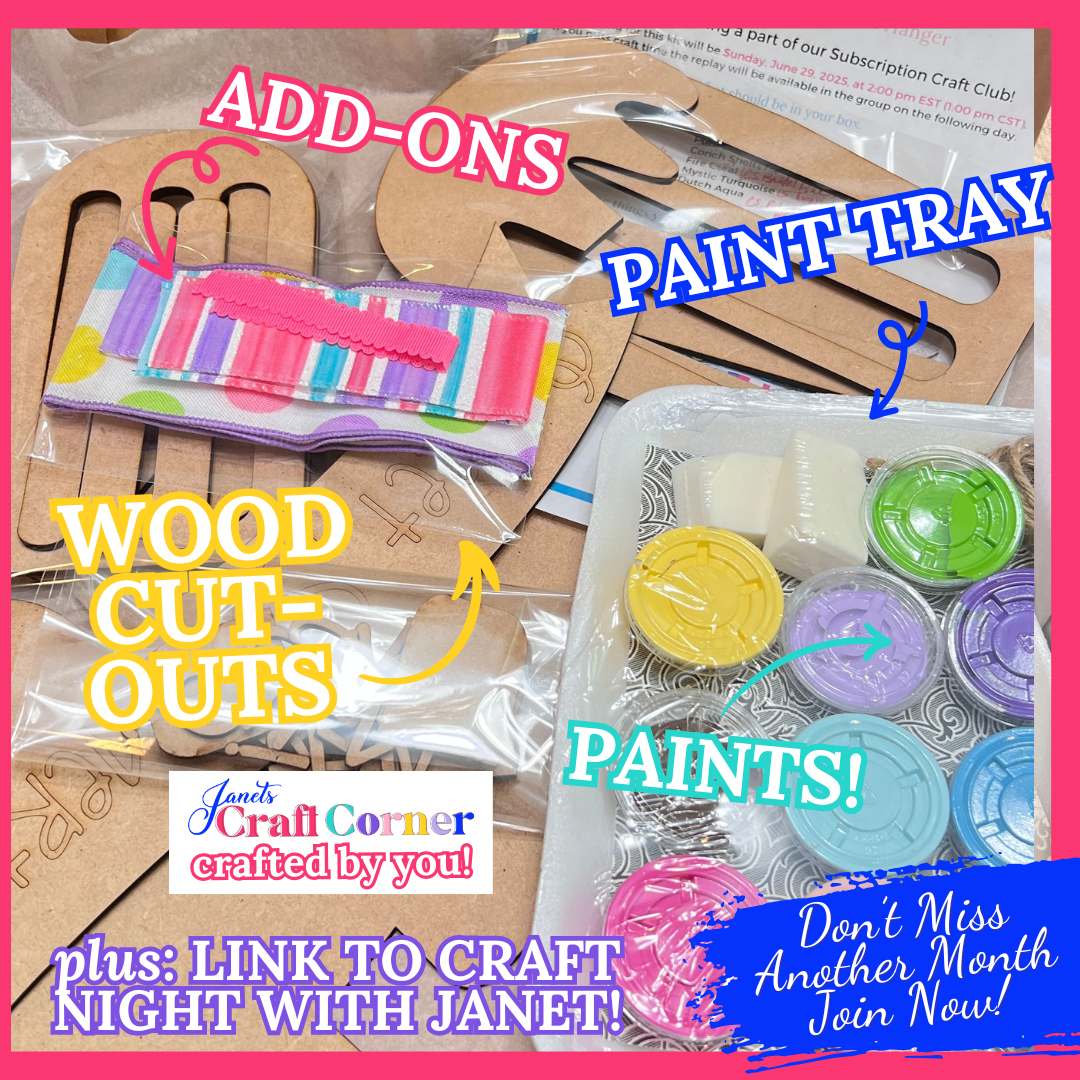 The Crafted by You! Subscription from Janet’s Craft Corner delivers monthly DIY home decor kits with wood cut-outs, paints, a tray, and colorful ribbons. Join us for craft night or subscribe to get creative fun delivered!.