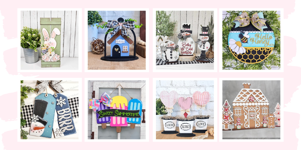 A collage of eight playful wooden DIY crafts from Janet's Craft Corner’s Crafted by You! Subscription—bunnies, kittens, popsicles, and more—shows the charming home decor you can create each month. Join this creative monthly kit and craft your own fun decor!.