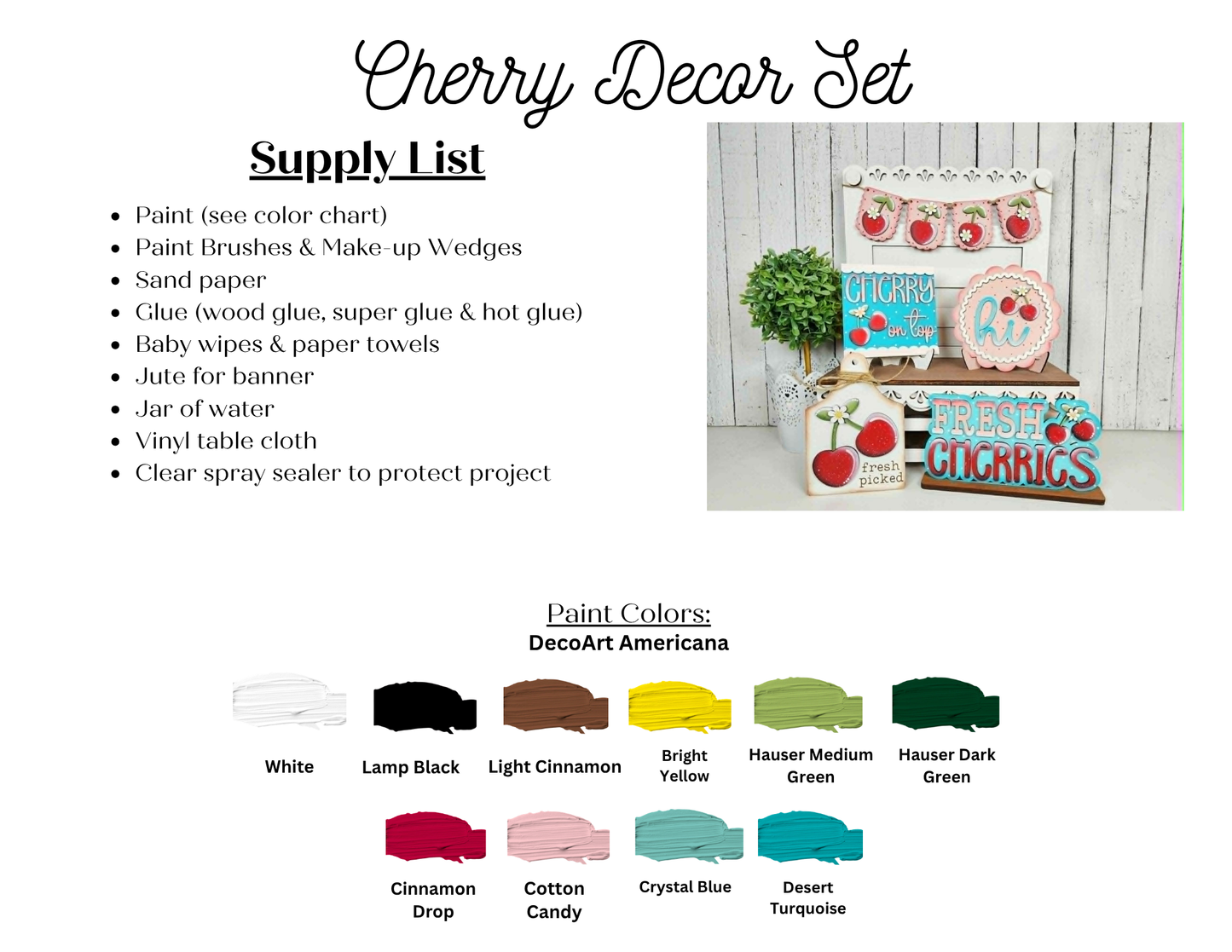 The Cherry Decor Set by Janet's Craft Corner includes paint, brushes, sandpaper, glue, sharp tools, jute, vinyl, and sealer. Features cherry-themed unfinished wood craft kit photos and color swatches for DIY home decor.