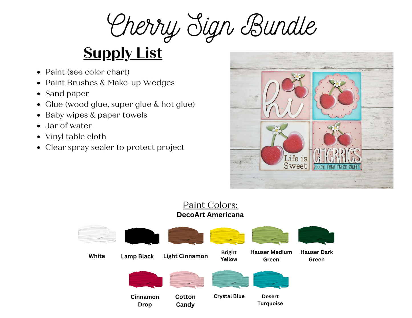 Janet's Craft Corner's Cherry Squares DIY kit includes all supplies and pastel paint options to create four cherry sign wood cut-outs with words like "hi" and "CHERRIES"—ideal for tiered tray decor or Swappable Squares.