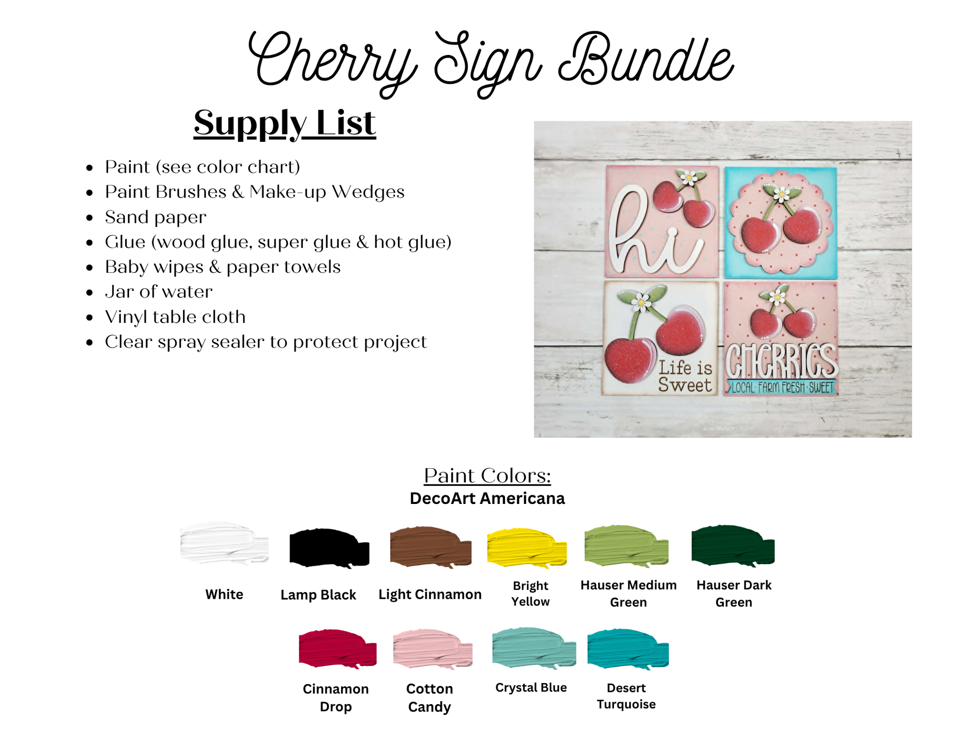 Janet's Craft Corner's Cherry Squares DIY kit includes all supplies and pastel paint options to create four cherry sign wood cut-outs with words like "hi" and "CHERRIES"—ideal for tiered tray decor or Swappable Squares.