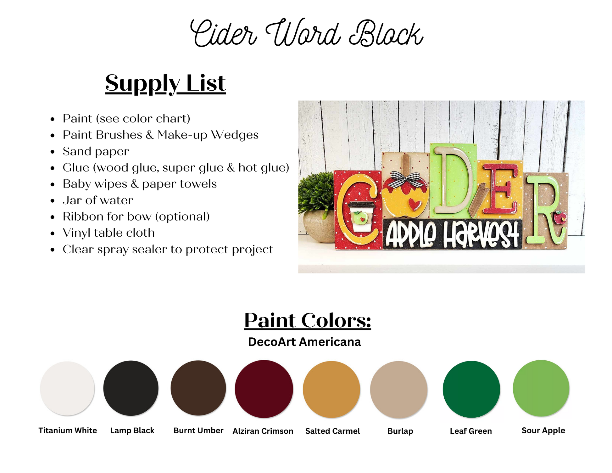 Image of a craft project titled "Cider Word Block Shelf Sitter" from Janet's Craft Corner, ideal for enhancing your home décor. The DIY home decor kit comprises a supply list featuring items such as paint, sandpaper, and glue. Paint colors included are Titanium White, Lamp Black, Burnt Umber, and Sour Apple for the hand-painted finish.