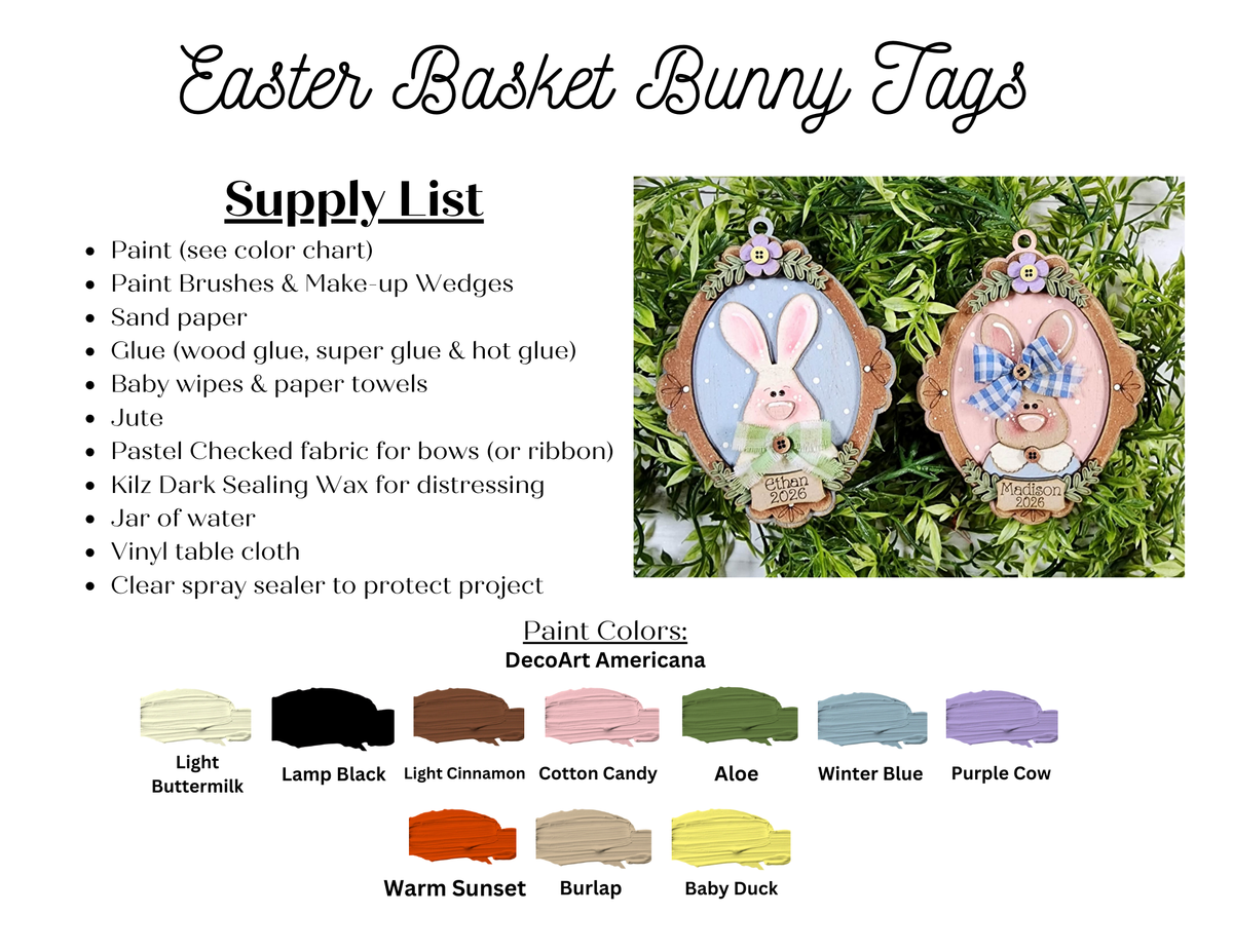 Janet's Craft Corner’s Framed Easter Bunny Basket Tags guide includes a supply list, paint colors, and two pastel bunny tag examples—ideal for personalized Easter décor or as a fun DIY craft kit project.