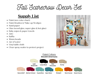 Janet's Craft Corner Fall Scarecrow Mini Shelf Sitters DIY kit includes instructions, supply list, paint colors, images of finished scarecrow, pumpkin, and shelf sitters—perfect for autumn decor—with paint swatches shown at bottom. Set of 1.