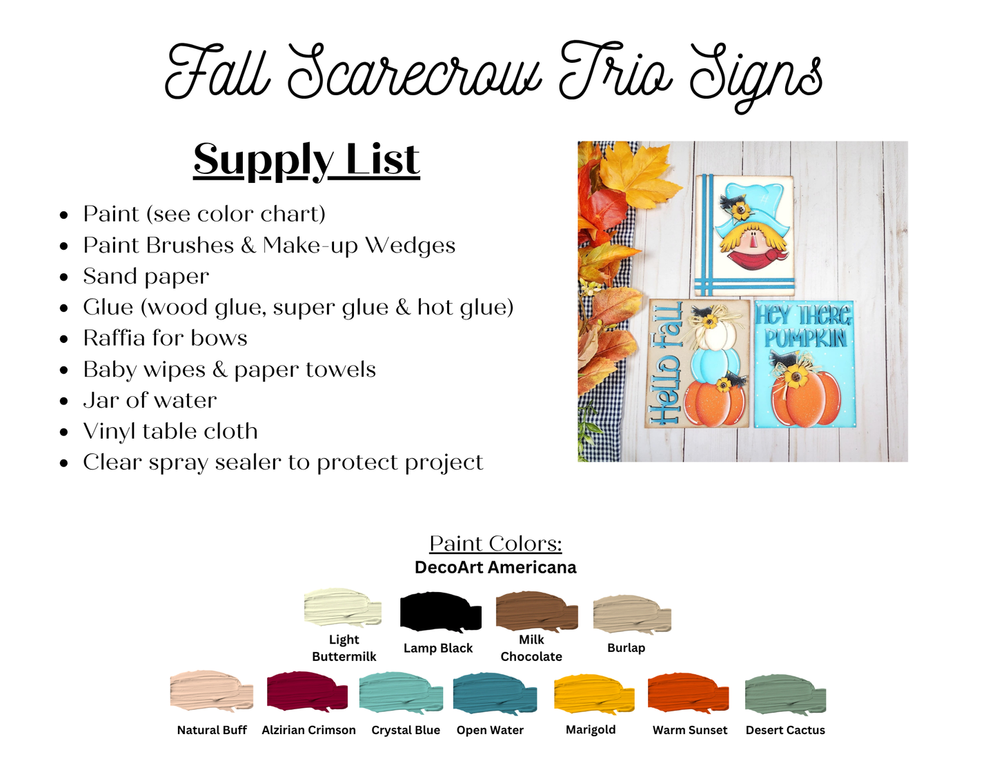 A supply list and paint color guide for making Janet's Craft Corner Fall Switchable Farmhouse Signs DIY kit, featuring a wooden scarecrow sign as cozy fall decor, with DecoArt Americana paint swatches shown.