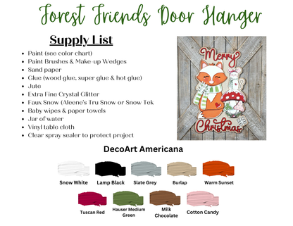 Create festive decor with Janet's Craft Corner Christmas Fox Door/Wall Hanger DIY kit—includes paint colors, supplies, and features a fox, raccoon, mushrooms, and "Merry Christmas" text. Paint swatches shown below. Set of 1.