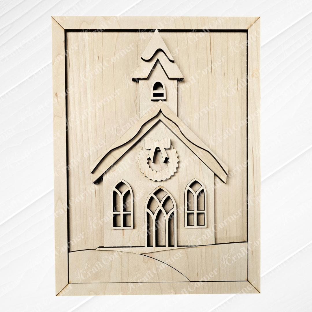 Explore the charming "Framed Church Sign Shelf Leaner" by Janet's Craft Corner. This DIY craft kit features a wooden carving of a church adorned with a steeple, arched windows, and a wreath above the entrance. Showcasing a light, natural wood finish and framed with an elegant border, this personalized home décor piece adds warmth and character to any space.