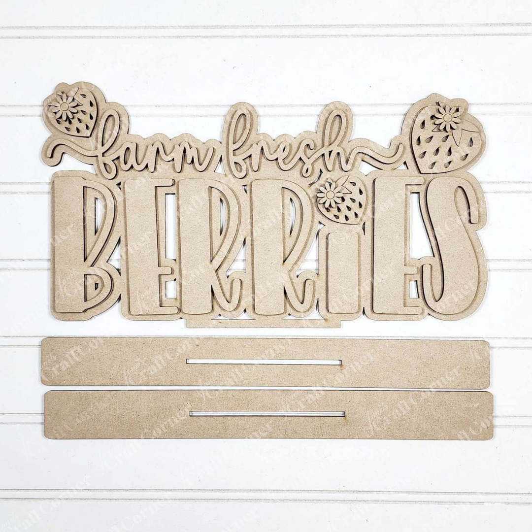 Fresh Berries Word Art Shelf Sitter by Janet's Craft Corner—an unpainted DIY craft kit featuring "farm fresh BERRIES," strawberries, and two blank slats, perfect for creating seasonal home decor or a charming shelf accent.