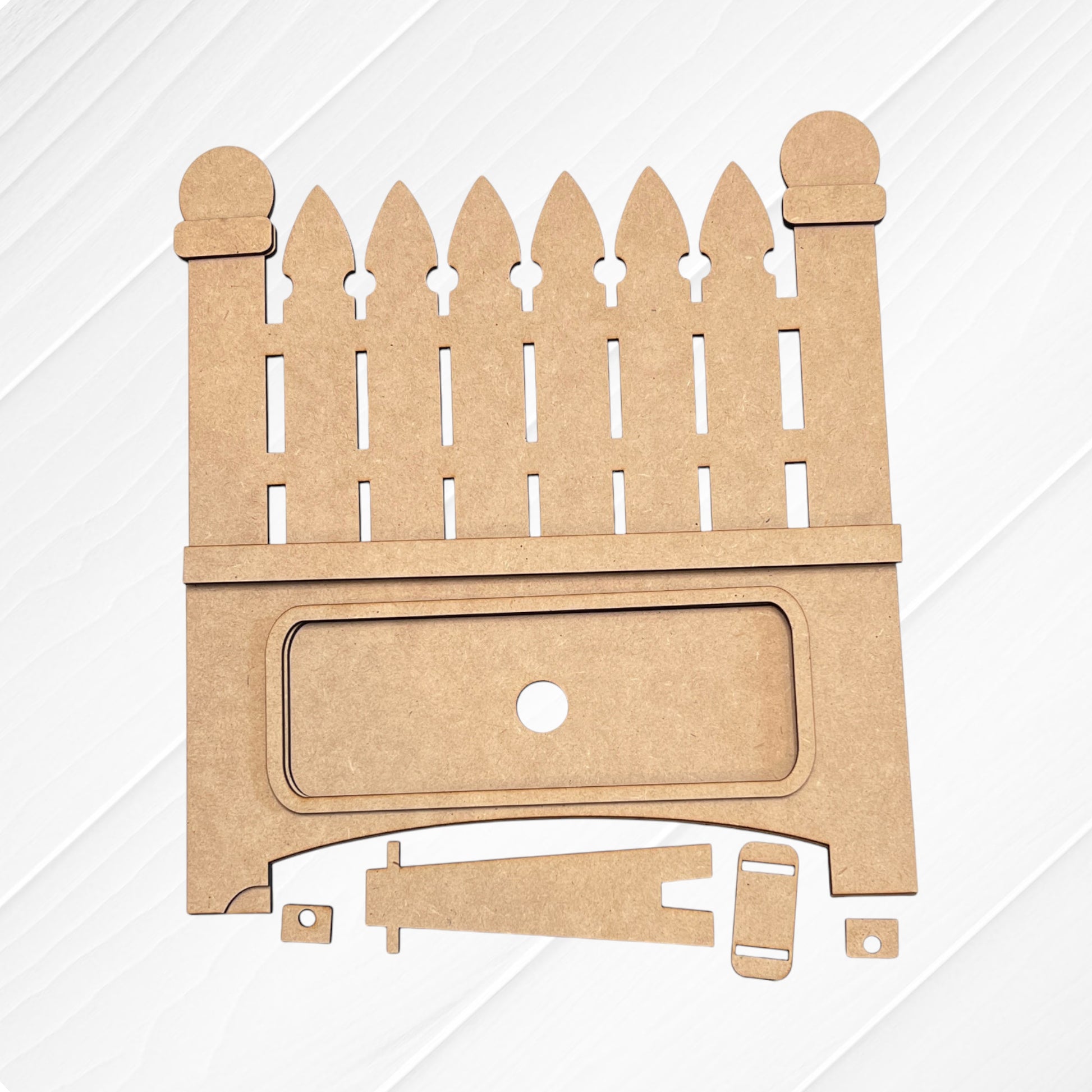 Janet's Craft Corner Garden Fence Interchangeable Base with Insert DIY home decor kit includes 1 fence base and 1 insert, unassembled on a white surface, ready for assembly.