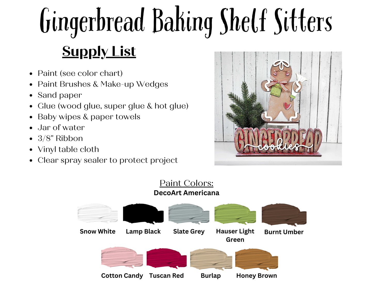 Create festive décor with Janet's Craft Corner Gingerbread Baking Shelf Sitters DIY kit (set of 2), featuring a supply list, paint names, and swatch images, plus a photo of decorated figures and a “GINGERBREAD cookies” sign.