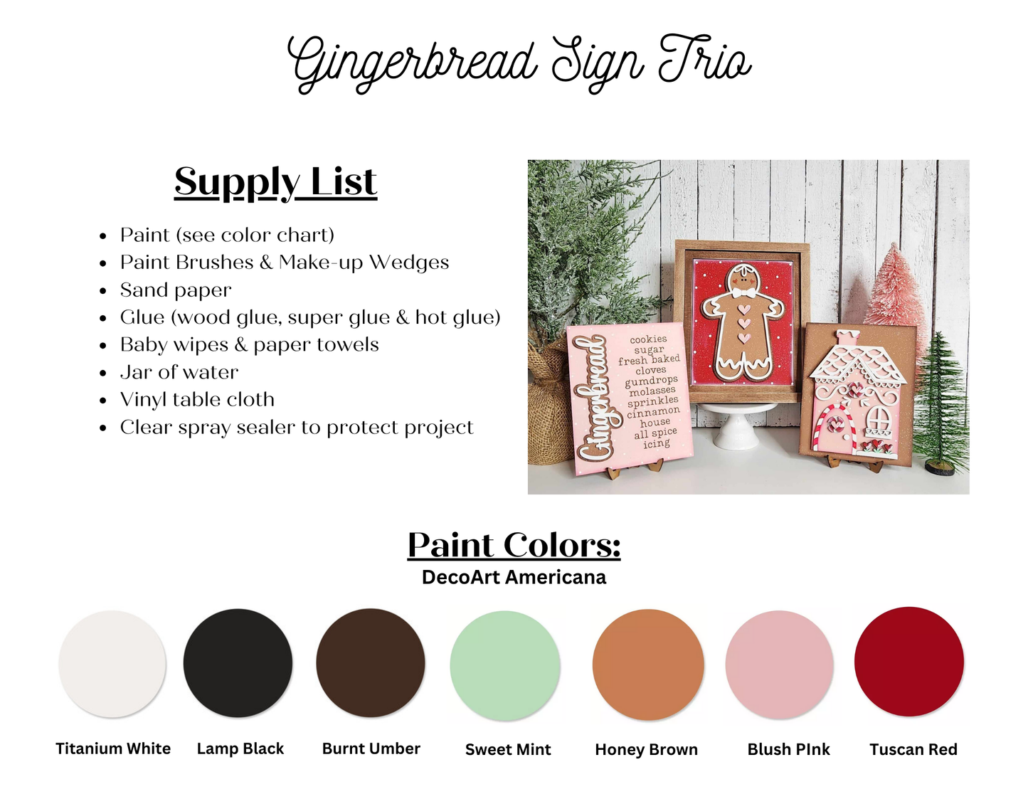 A listing of the supplies needed to complete the Gingerbread Switchable Farmhouse Sign DIY kits from Janet's Craft Corner. The listing includes the DecoArt Americana paint colors used on the sample signs.
