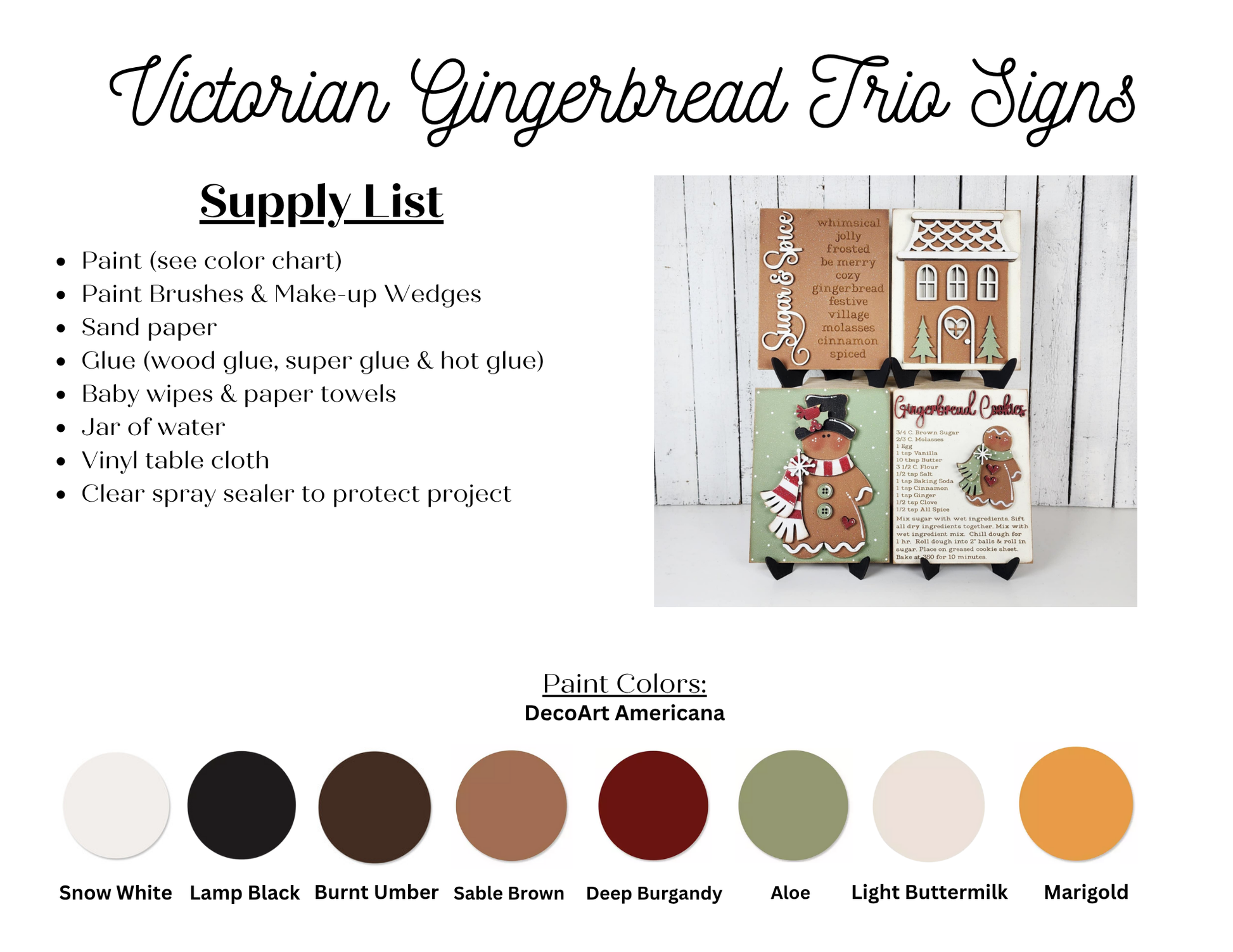 Janet's Craft Corner Gingerbread Switchable Farmhouse Signs DIY kit includes a supply list with paint colors: Snow White, Lamp Black, Burnt Umber, Sable Brown, Deep Burgundy, Aloe, Light Buttermilk & Marigold—perfect for festive seasonal home decor. Set of 1.