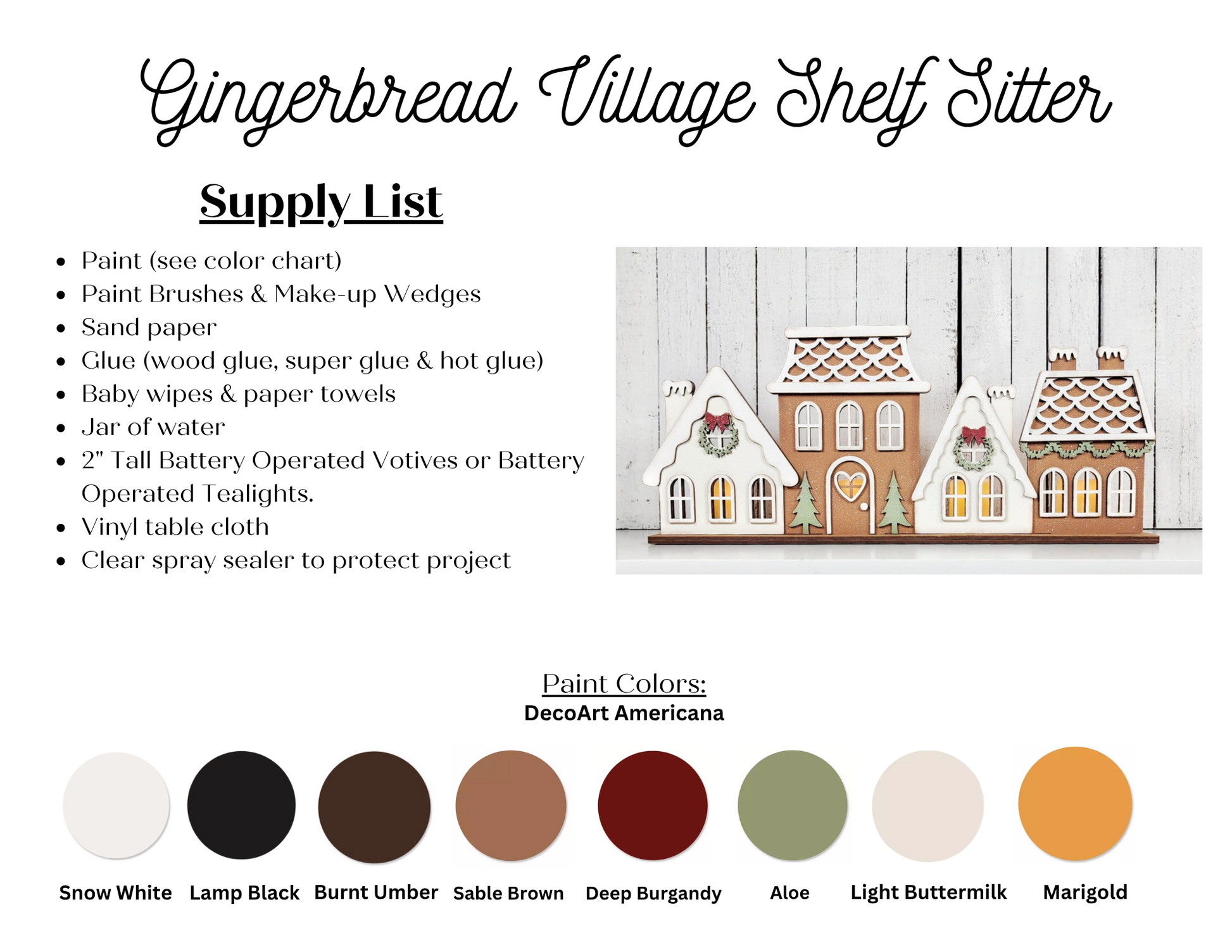 An illustrated supply list for the Gingerbread Village Votive Holder Shelf Sitter by Janet's Craft Corner, featuring listed materials, DecoArt Americana paint colors, and a painted wooden gingerbread house image—ideal seasonal decor.