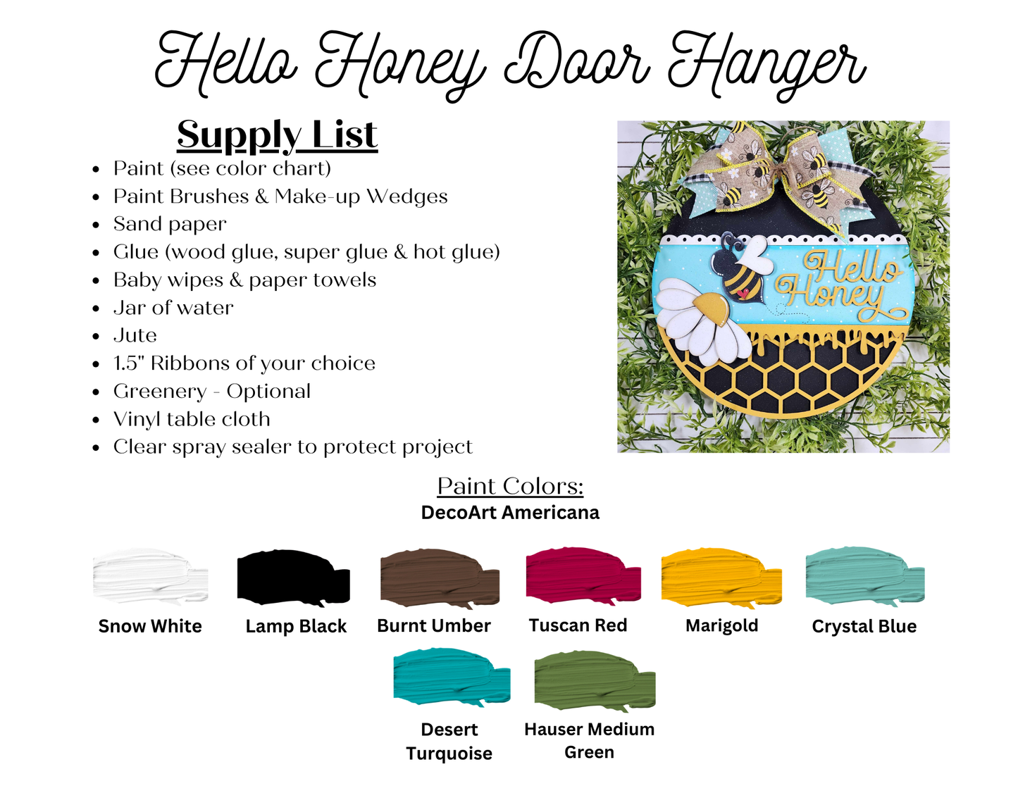 An instructional graphic for the Hello Honey Wall Hanger by Janet's Craft Corner offers a DIY kit experience, including a supply list of paints, tools, and materials. It features a color chart of DecoArt Americana paints and an image of bee-themed decor with ribbons.