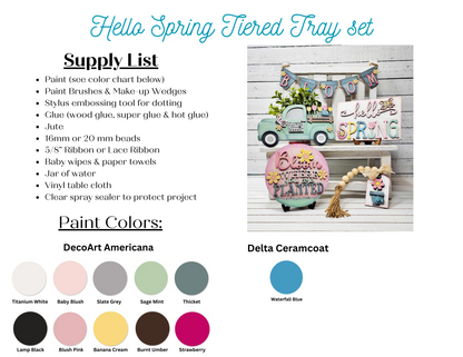 Craft your own spring look with Janet's Craft Corner Hello Spring Decor Set (DIY Craft Kit, 5 pcs)—tiered tray-ready, includes farmhouse accents, paint swatches, and all supplies using DecoArt Americana & Delta Ceramcoat.