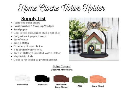 The Home Cloche Votive Holder Shelf Sitter by Janet's Craft Corner includes a jar, paint (Snow White, Lamp Black, Burnt Sienna, Aloe, Coral Cloud), brushes, jute, ribbons, word art votive holder, vinyl, and sealant to create a DIY craft kit. An example of the finished product is displayed.