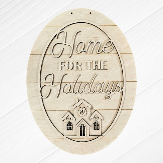 The "Home for the Holidays Oval Wall Hanger - Early Access" from Janet's Craft Corner is an ideal wooden decoration for personalized home décor. It showcases the phrase "Home for the Holidays" with a carved house image at the bottom, set against a white, wood-like textured background reminiscent of a hand-painted wall hanger.