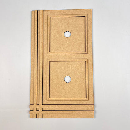 Introducing the Farmhouse Trim Interchangeable Squares Holder from Janet's Craft Corner: This wooden panel features two interchangeable squares for easy customization and vertical decorative lines on the left side, reminiscent of classic farmhouse trim. Each square boasts a circular hole in the center, set against a plain light surface, making it perfect for your versatile DIY projects.