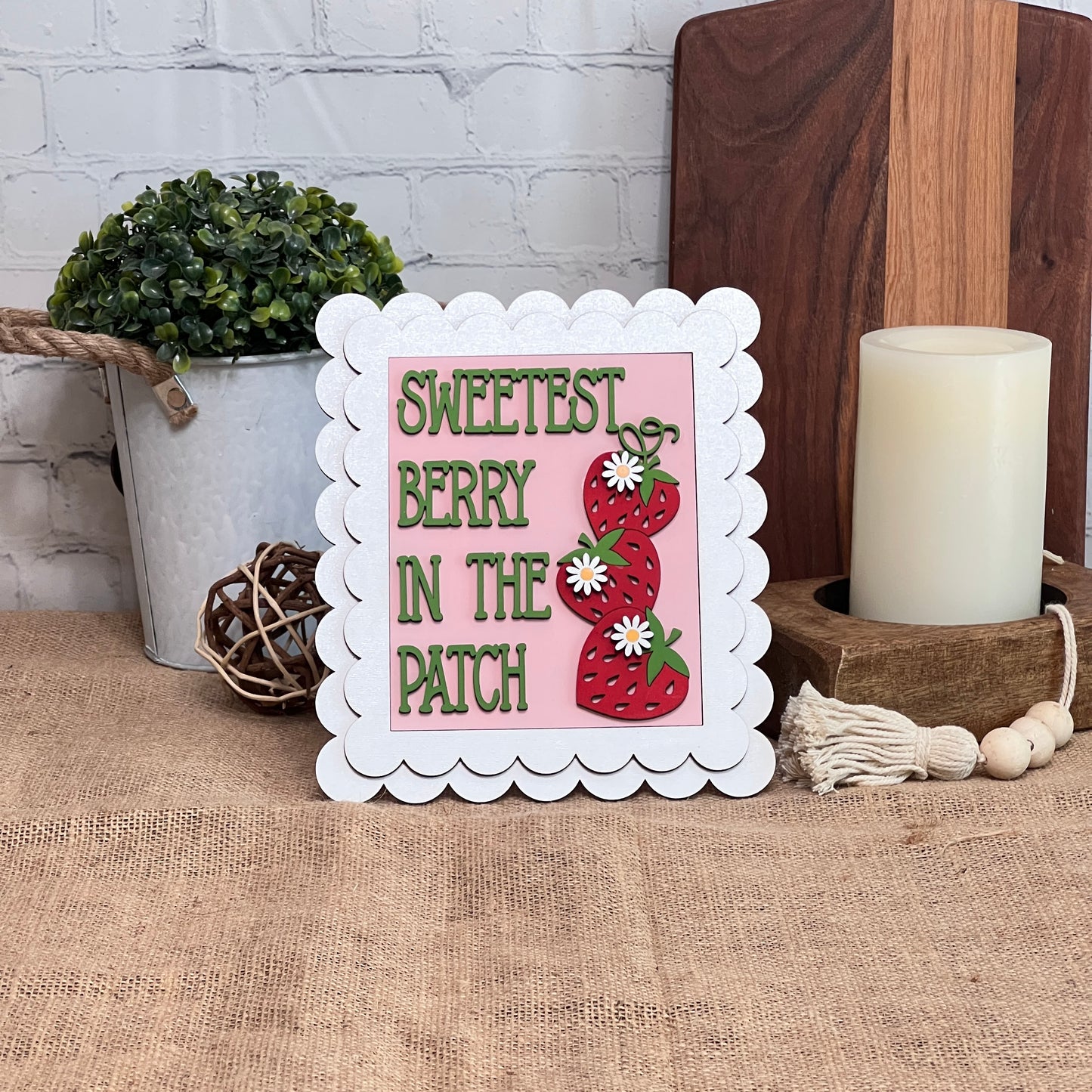 The Berry Sweet Switchable Farmhouse Signs Summer DIY Craft Kit by Janet's Craft Corner, with cute strawberries and daisies, adds a charming touch to your home décor or Berry Sweet Sign collection. Choose from 3 adorable designs!.