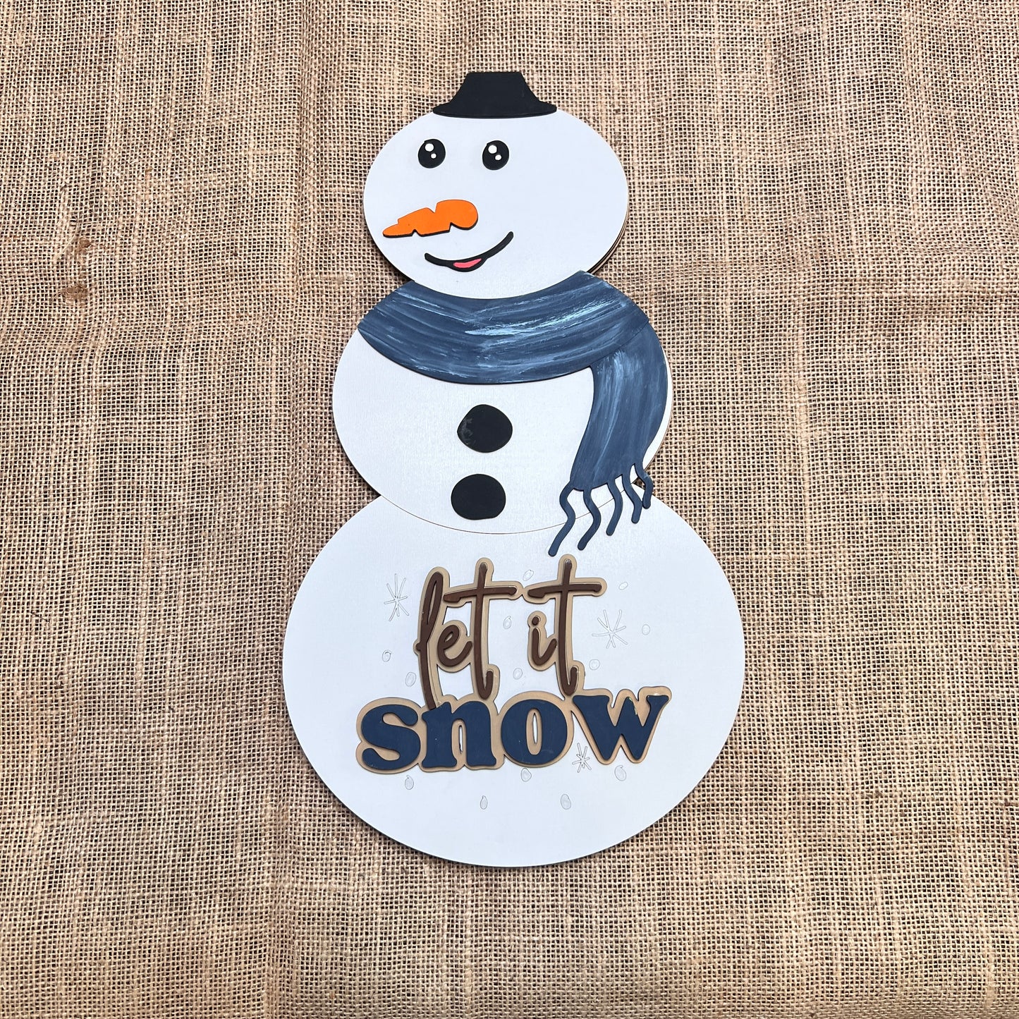 The Reversible Snowman/Pumpkin Shelf Leaner from Janet's Craft Corner is a DIY seasonal home decor craft kit. Featuring a snowman with a black hat, blue scarf, carrot nose, and “let it snow” text, it's perfect for festive decorating.