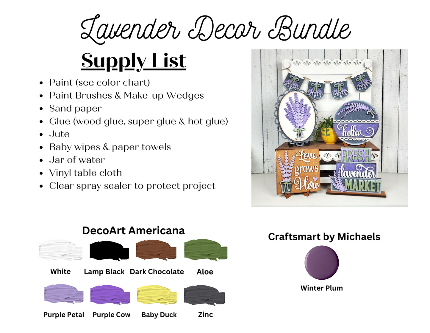 A supply list for Janet's Craft Corner Lavender Decor Set with paint colors, tools, materials for DIY home decor, a photo of lavender-themed wooden crafts—including a mini sign—and suggested color swatches on an unfinished wood kit.