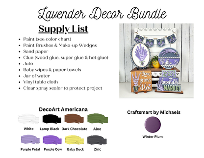 A supply list for Janet's Craft Corner Lavender Decor Set with paint colors, tools, materials for DIY home decor, a photo of lavender-themed wooden crafts—including a mini sign—and suggested color swatches on an unfinished wood kit.