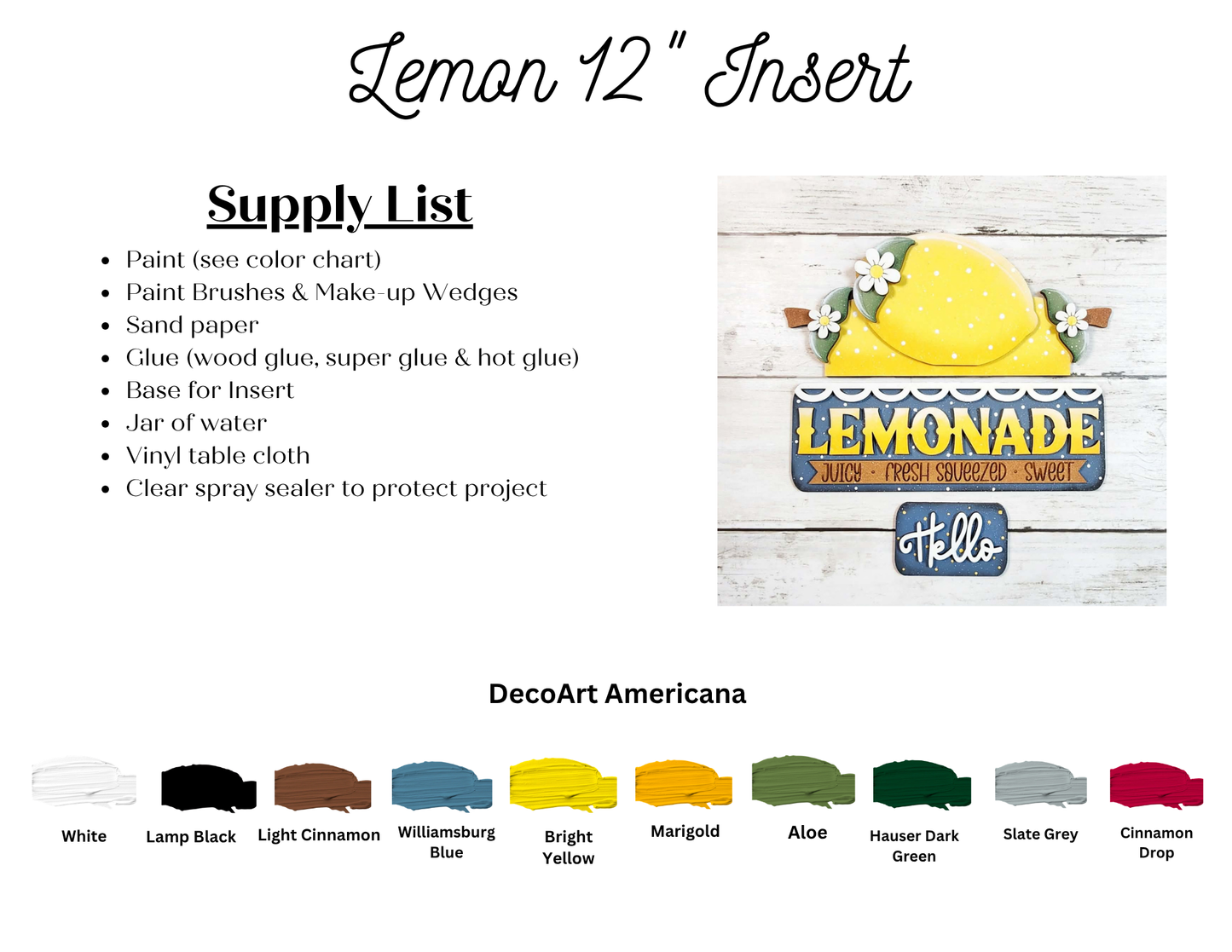 Janet's Craft Corner Lemon Interchangeable Insert DIY kit includes a 3-piece set with a lemon slice, flowers, and “LEMONADE Hello”; supply list and paint colors provided—perfect for seasonal home decor.