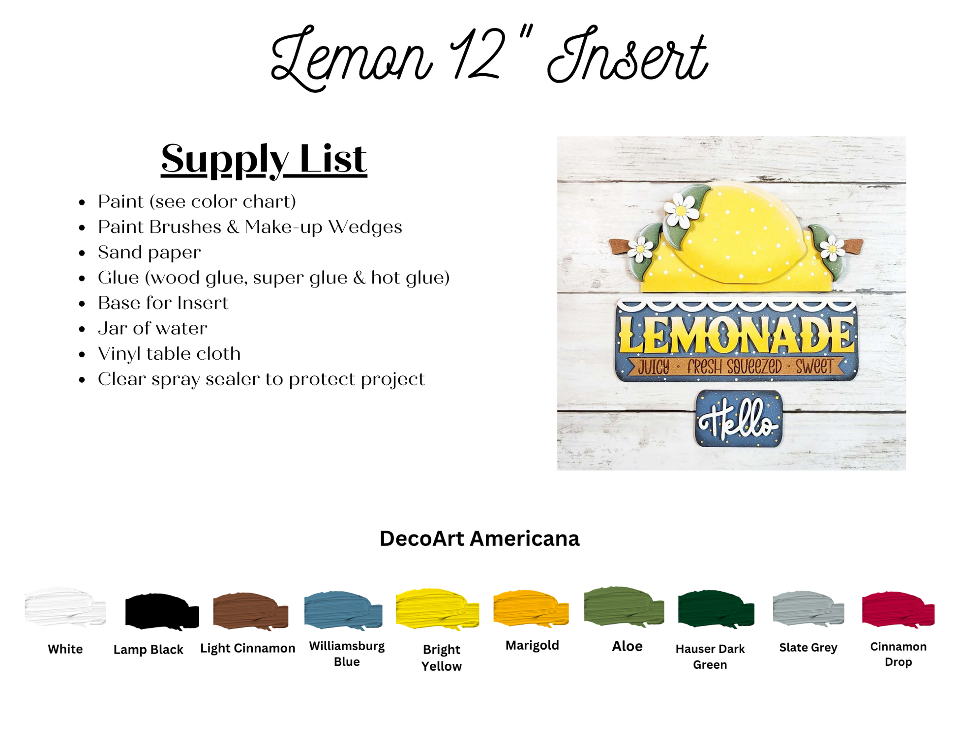 Janet's Craft Corner Lemon Interchangeable Insert DIY kit includes a 3-piece set with a lemon slice, flowers, and “LEMONADE Hello”; supply list and paint colors provided—perfect for seasonal home decor.