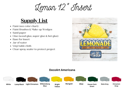 Janet's Craft Corner Lemon Interchangeable Insert DIY kit includes a 3-piece set with a lemon slice, flowers, and “LEMONADE Hello”; supply list and paint colors provided—perfect for seasonal home decor.